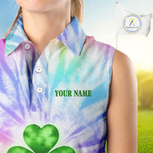 Load image into Gallery viewer, Colorful Pastel Tie Dye Womens Sleeveless Golf Polo Shirt Custom Green Clover St Patrick Day Golf Top NHN0169