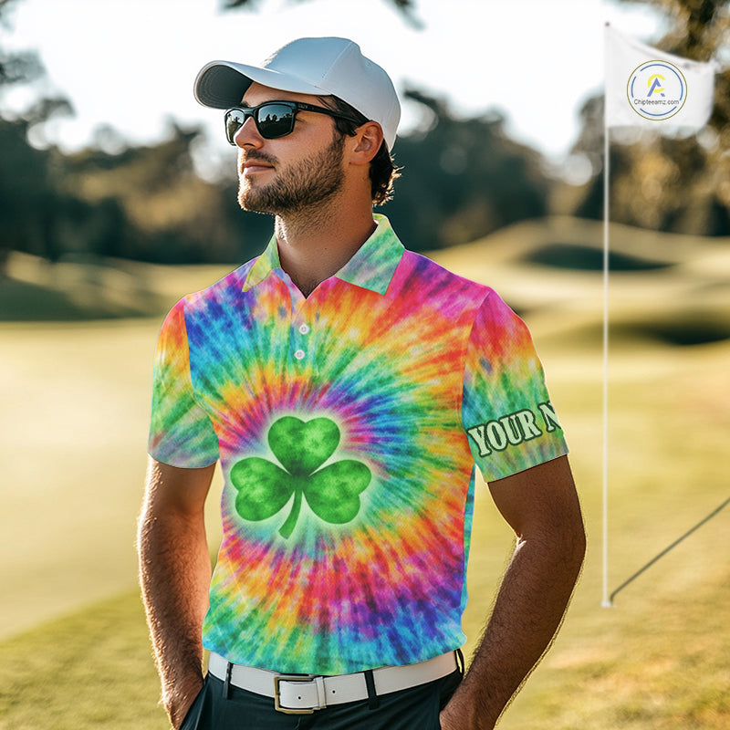 Colorful Tie Dye Mens Golf Polo Shirt Custom Green Clover St Patrick Day Golf Tops, Golf Gifts NHN0170