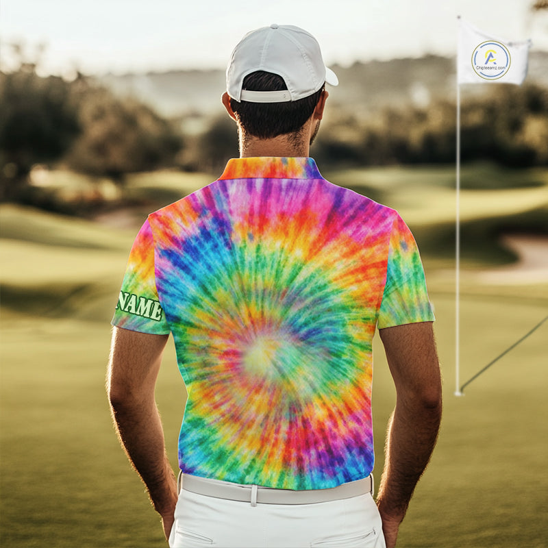 Colorful Tie Dye Mens Golf Polo Shirt Custom Green Clover St Patrick Day Golf Tops, Golf Gifts NHN0170