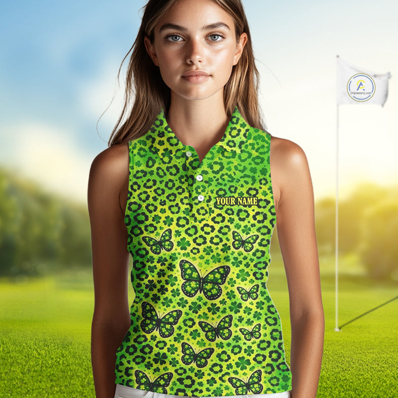 Womens Sleeveless Golf Polo Shirt Colorful Green Leopard Print Custom Butterfly Team Ladies Golf Tops NHN0171