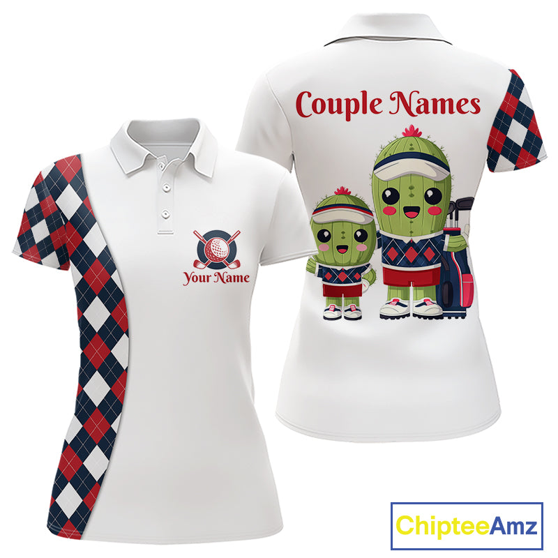 Matching Golf Polo Shirts For Couples Custom Red and Blue Argyle Pattern Golf Ball Cactus Golf Shirts NHN0040