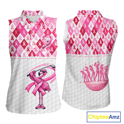 Womens Sleeveless Golf Polo Shirt Custom Flamingo Ribbon Plaid Pattern, Breast Cancer Awareness Golf NHN0177