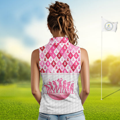 Womens Sleeveless Golf Polo Shirt Custom Flamingo Ribbon Plaid Pattern, Breast Cancer Awareness Golf NHN0177