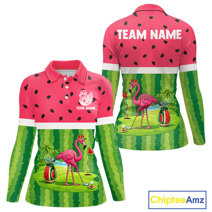 Funny Watermelon Polo Shirt, Womens Long Sleeve Golf Polo Shirt Custom Tropical, Flamingo Golf Shirts NHN0183