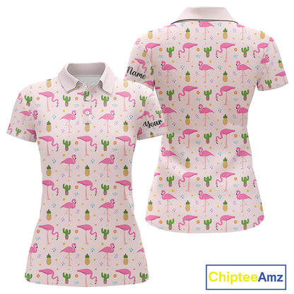 Pink Flamingo Pattern Womens Golf Polo Shirts Custom Funny Desert Cactus Team Ladies Golf Tops, Golf Gift NHN0184
