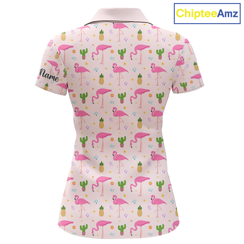 Pink Flamingo Pattern Womens Golf Polo Shirts Custom Funny Desert Cactus Team Ladies Golf Tops, Golf Gift NHN0184