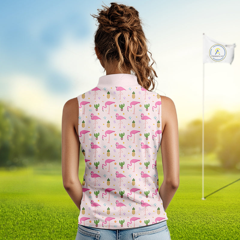 Desert Pink Flamingo Pattern Womens Sleeveless Golf Polo Shirts Custom Funny Team Ladies Golf Tops NHN0184