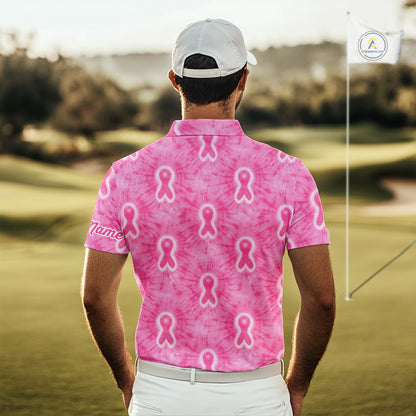 Pink Breast Cancer Golf Shirt Custom Name Tie Dye Mens Golf Polo Shirt Personalized Golf Gifts NHN0188