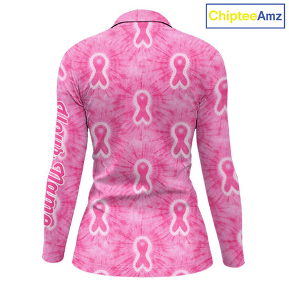 Pink Breast Cancer Golf Shirt Custom Tie Dye Womens Long Sleeve Golf Polo Shirt, Pink Golf Gifts NHN0188
