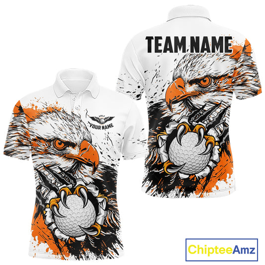 Custom Mens Golf Polo Shirt Orange & White Grunge Ripped Eagle Grasping Golf Ball Golf Apparel NHN0054