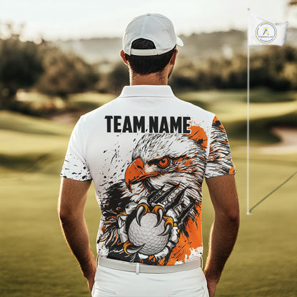 Custom Mens Golf Polo Shirt Orange & White Grunge Ripped Eagle Grasping Golf Ball Golf Apparel NHN0054