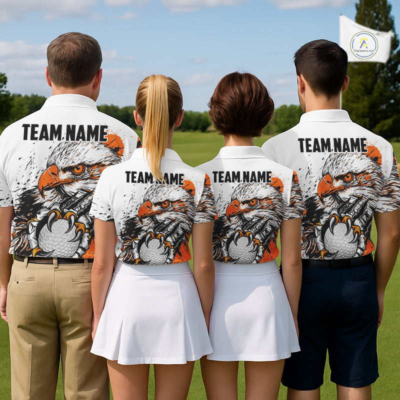 Custom Mens Golf Polo Shirt Orange & White Grunge Ripped Eagle Grasping Golf Ball Golf Apparel NHN0054