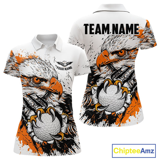 Custom Womens Golf Polo Shirt Orange & White Grunge Ripped Eagle Grasping Golf Ball Golf Apparel NHN0054