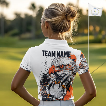 Custom Womens Golf Polo Shirt Orange & White Grunge Ripped Eagle Grasping Golf Ball Golf Apparel NHN0054