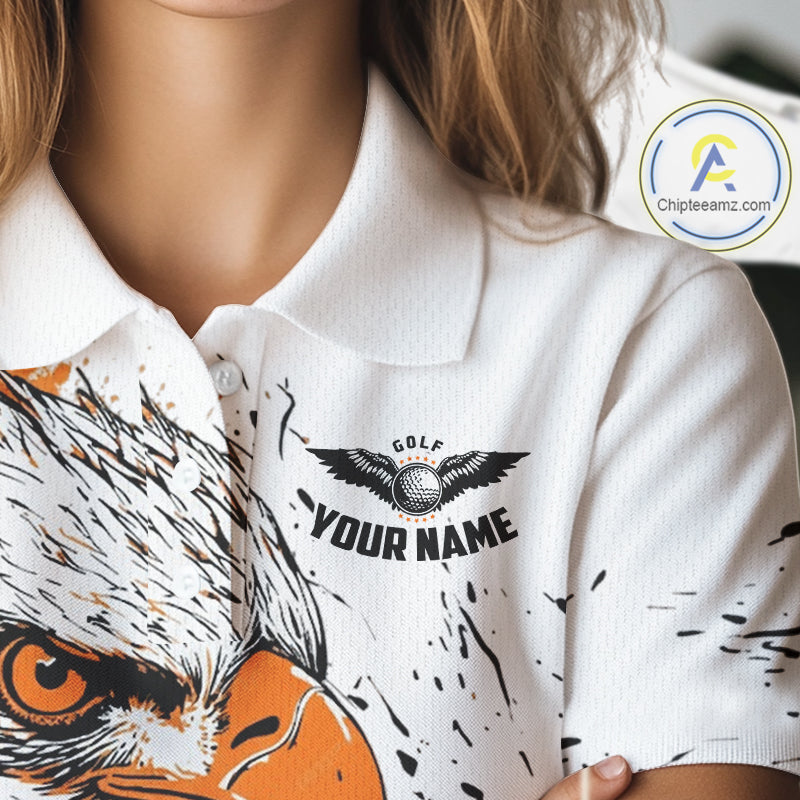 Custom Womens Golf Polo Shirt Orange & White Grunge Ripped Eagle Grasping Golf Ball Golf Apparel NHN0054