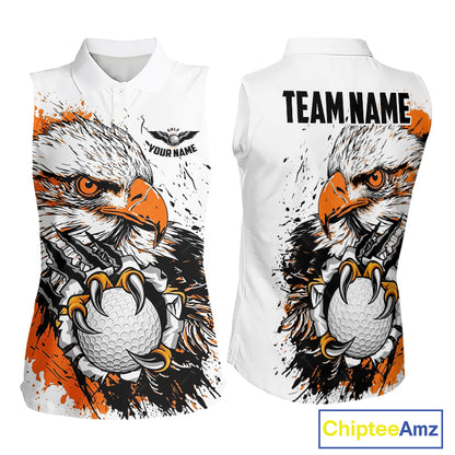 Womens Sleeveless Golf Polo Shirt Custom Orange And White Grunge Eagle Grasping Golf Ball, Golf Gifts NHN0054