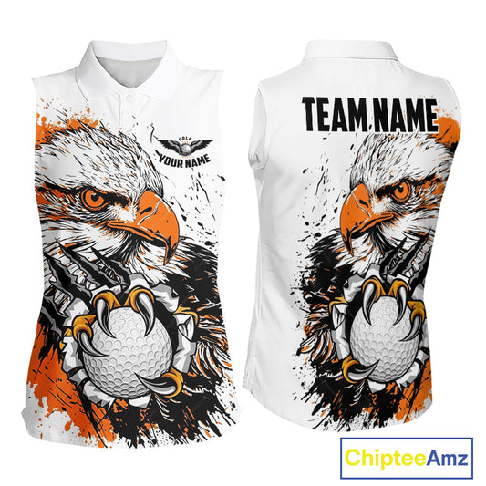 Womens Sleeveless Golf Polo Shirt Custom Orange And White Grunge Eagle Grasping Golf Ball, Golf Gifts NHN0054