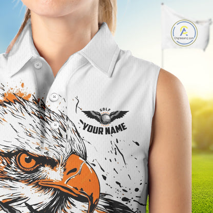 Womens Sleeveless Golf Polo Shirt Custom Orange And White Grunge Eagle Grasping Golf Ball, Golf Gifts NHN0054
