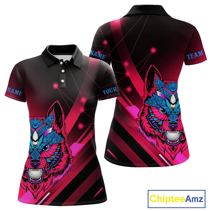 Funny Pink Wolf Golf Polo Shirt for Women Custom Golf Ball Team Jersey Womens Golf League Shirt Golf Gifts