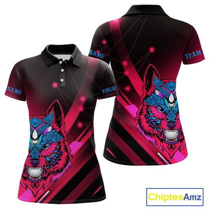 Funny Pink Wolf Golf Polo Shirt for Women Custom Golf Ball Team Jersey Womens Golf League Shirt Golf Gifts