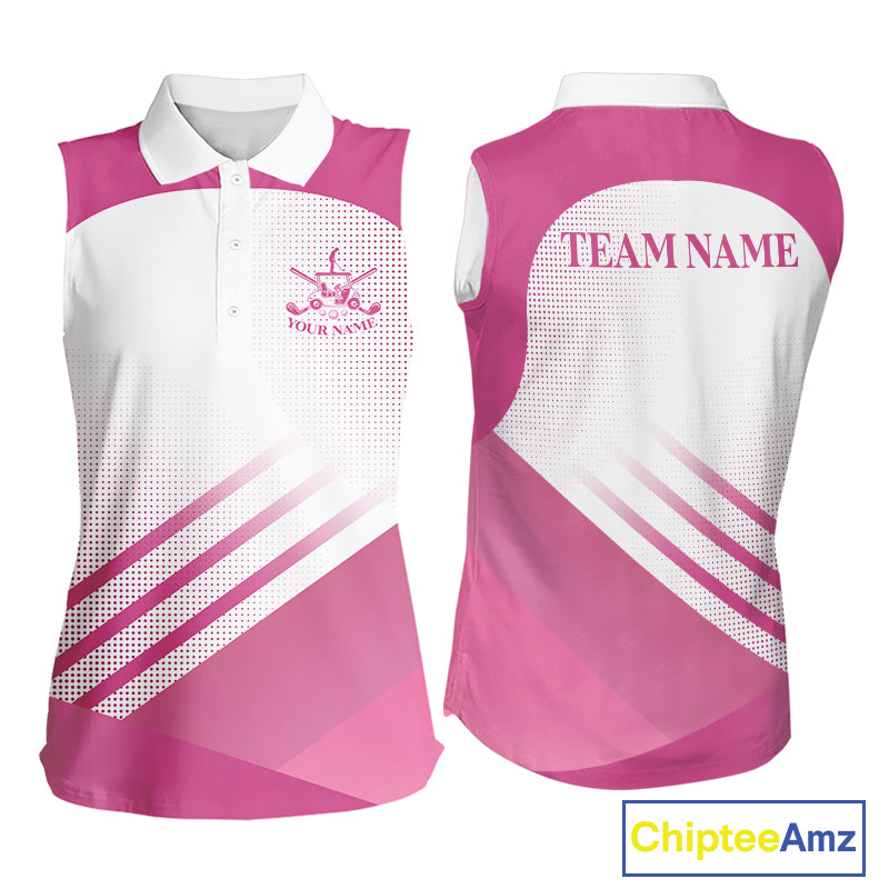 Womens Sleeveless Golf Polo Shirt Custom Pink And White Pattern Golf Cart & Golf Ball Design NHN0059