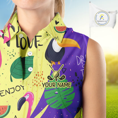 Funny Womens Sleeveless Golf Polo Shirt Custom Tropical Summer Pattern, Flamingo Golf Shirt For Ladies NHN0195