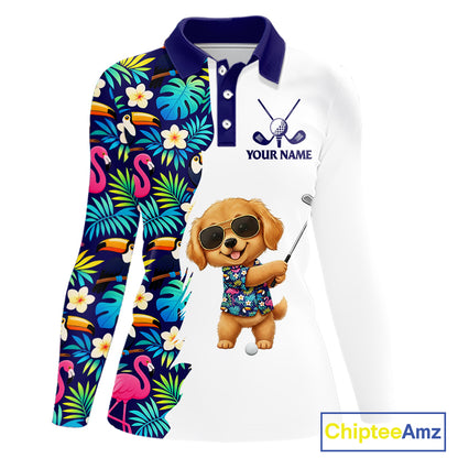 Funny Womens Long Sleeve Golf Polo Shirt Custom Tropical Pattern, Golden Retriever Golf Shirt, Dog Gift NHN0196