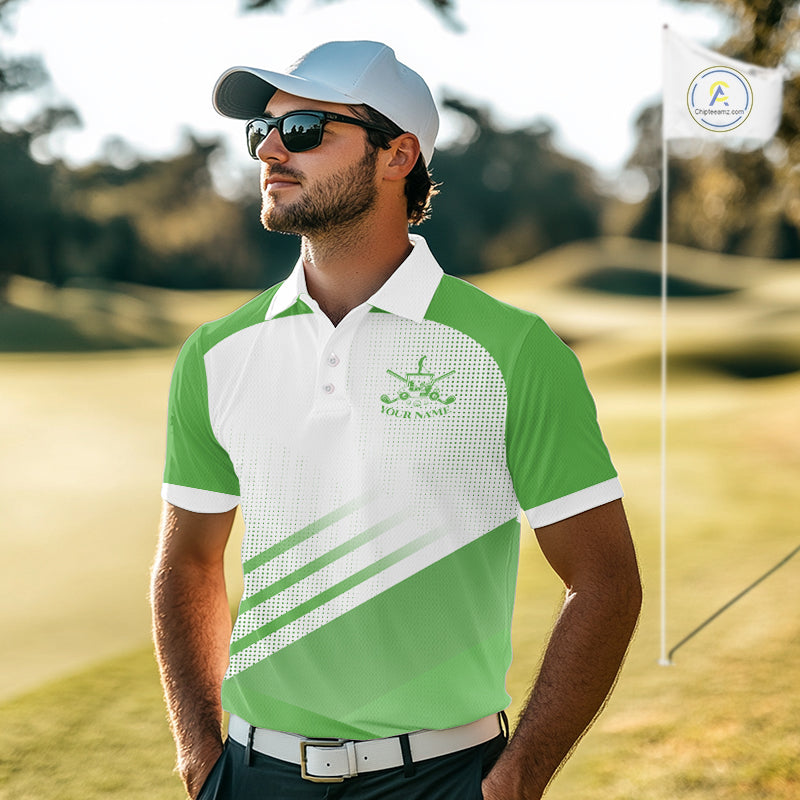 Green And White Mens Golf Polo Shirts Custom Golf Tops For Men, Personalized Golf Gifts NHN0059