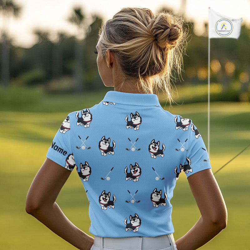 Funny Husky Blue Pattern Custom White Womens Golf Polo Shirts, Team Ladies Golf Tops, Dog Lover Gift NHN0065