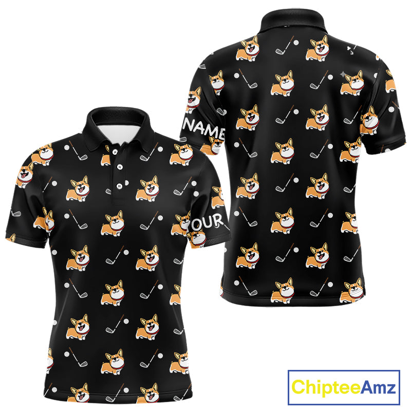 Black Mens Golf Polo Shirt Custom Cute Dogs Corgi Print Golf Shirts For Men, Dog Lover Gift NHN0069