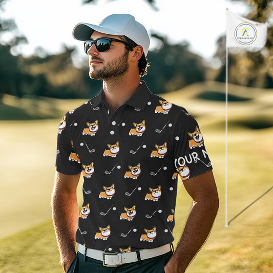 Black Mens Golf Polo Shirt Custom Cute Dogs Corgi Print Golf Shirts For Men, Dog Lover Gift NHN0069