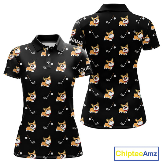 Personalized Womens Golf Polo Shirts Custom Cute Dogs Corgi Print Golf Shirts, Funny Ladies Golf Tops NHN0069