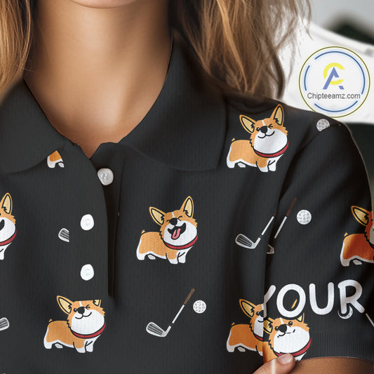 Personalized Womens Golf Polo Shirts Custom Cute Dogs Corgi Print Golf Shirts, Funny Ladies Golf Tops NHN0069