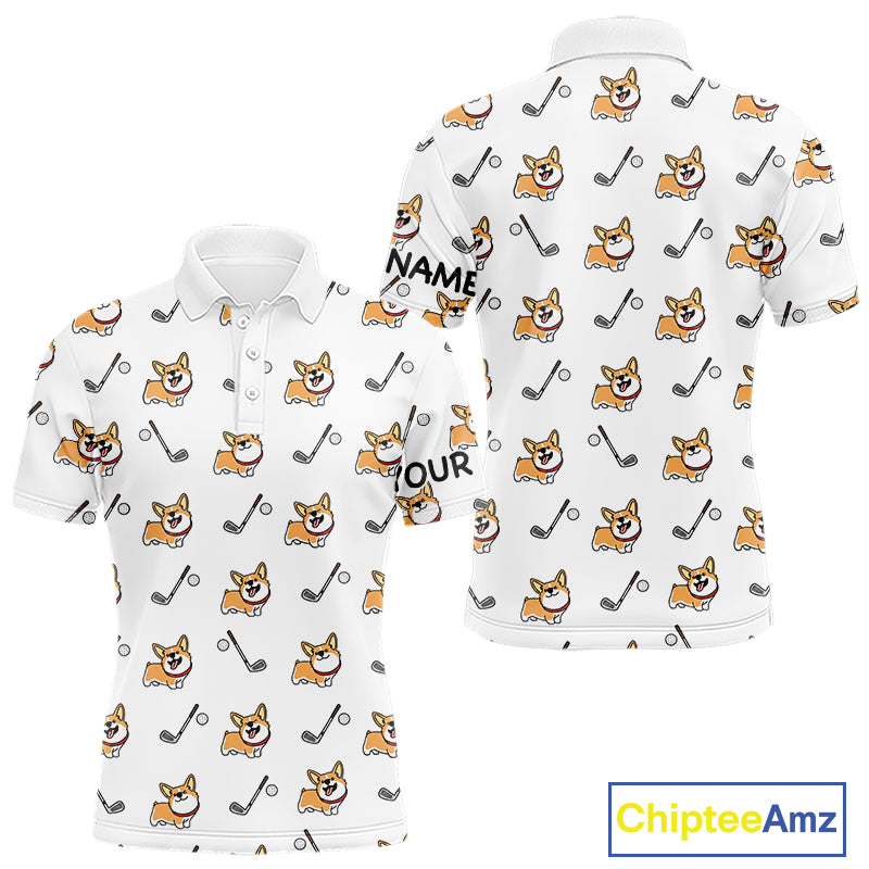 Mens Golf Polo Shirt Custom Cute Dogs Corgi Print White Golf Shirts For Men, Dog Lover Gift NHN0069