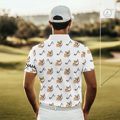 Mens Golf Polo Shirt Custom Cute Dogs Corgi Print White Golf Shirts For Men, Dog Lover Gift NHN0069