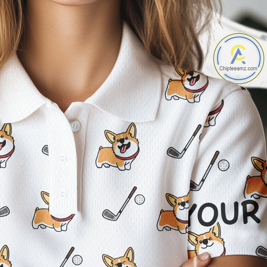 Womens Golf Polo Shirt Custom Cute Dogs Corgi Print White Golf Shirts For Women, Dog Lover Gift NHN0069
