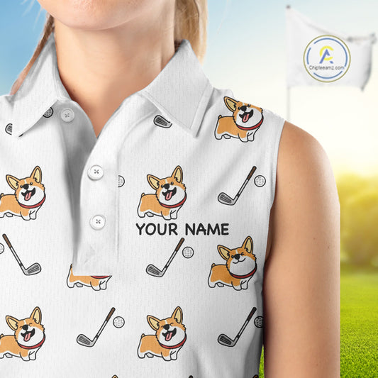 Womens Sleeveless Golf Polo Shirt Custom Cute Dogs Corgi Print White Golf Shirts, Dog Lover Gift NHN0069