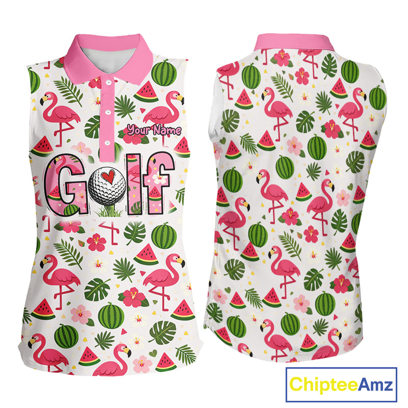 Pink Flamingo Tropical Womens Sleeveless Golf Polo Shirt Custom Funny Ladies Golf Tops, Golf Gift NHN0202