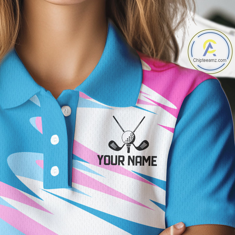 Womens Golf Polo Shirts Custom Blue And Pink Golf Shirt Personalized White Team Golf Shirts NHN0076