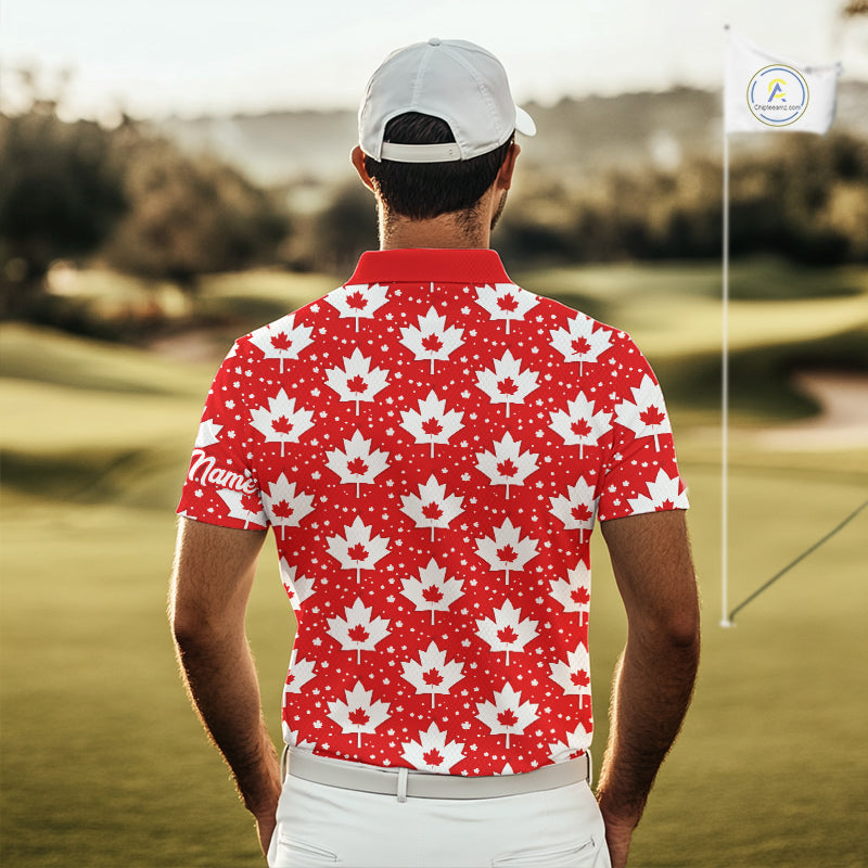 Red Maple Leaves Pattern Canadian Mens Golf Polo Shirts Custom Patriotic Golf Shirts For Men NHN0207
