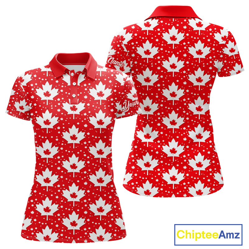 Red Maple Leaves Pattern Canadian Womens Golf Polo Shirts Custom Patriotic Golf Shirts For Men NHN0207