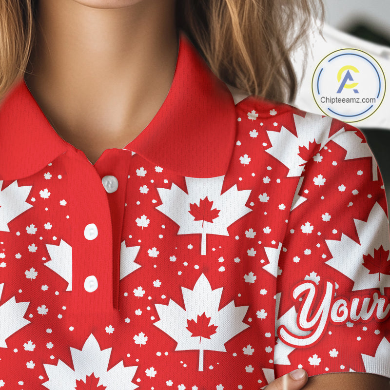 Red Maple Leaves Pattern Canadian Womens Golf Polo Shirts Custom Patriotic Golf Shirts For Men NHN0207