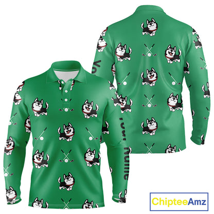 Long Sleeve Golf Polo Shirt Custom Funny Husky Green Pattern Team Men Golf Tops, Dog Lover Gift NHN0065