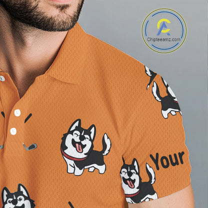 Men Golf Polo Shirt Custom Funny Husky Orange Pattern Team Golf Tops For Men, Dog Lover Gift NHN0065