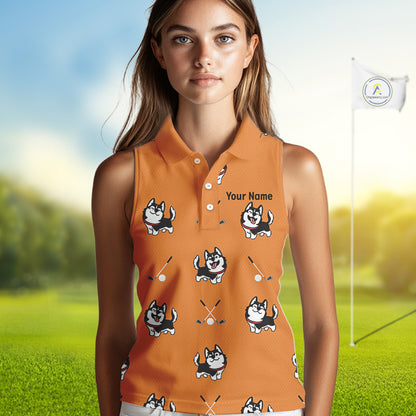 Womens Sleeveless Golf Polo Shirt Custom Funny Husky Orange Pattern Team Ladies Golf Tops, Dog Lover Gift NHN0065