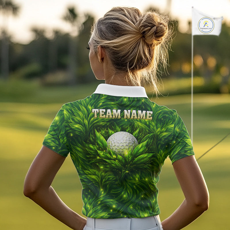 Green Womens Golf Polo Shirt Custom Leaf Pattern Golf Ball Personalized Team Golf Tops, Golf Gifts NHN0222