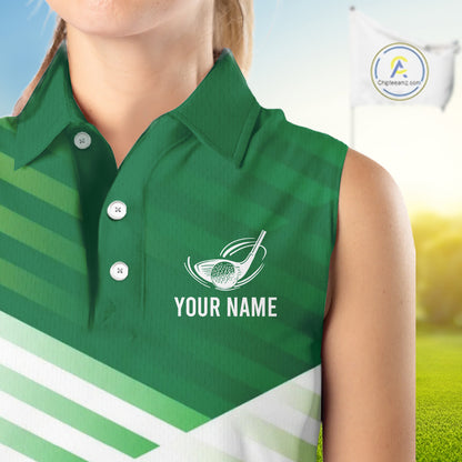 Green And White Womens Sleeveless Golf Polo Shirt Custom Name Golf Shirts For Team, Golf Gifts NHN0097
