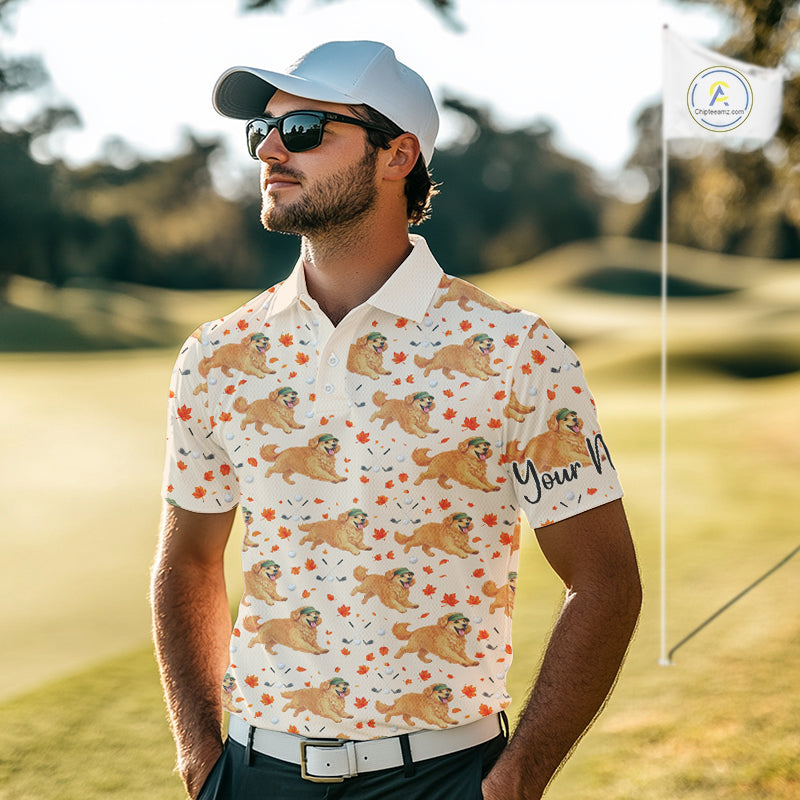 Golden Retriever Mens Golf Polo Shirt Custom Autumn Leaves Pattern Funny Golf Tops, Dog Lover Gift NHN0224