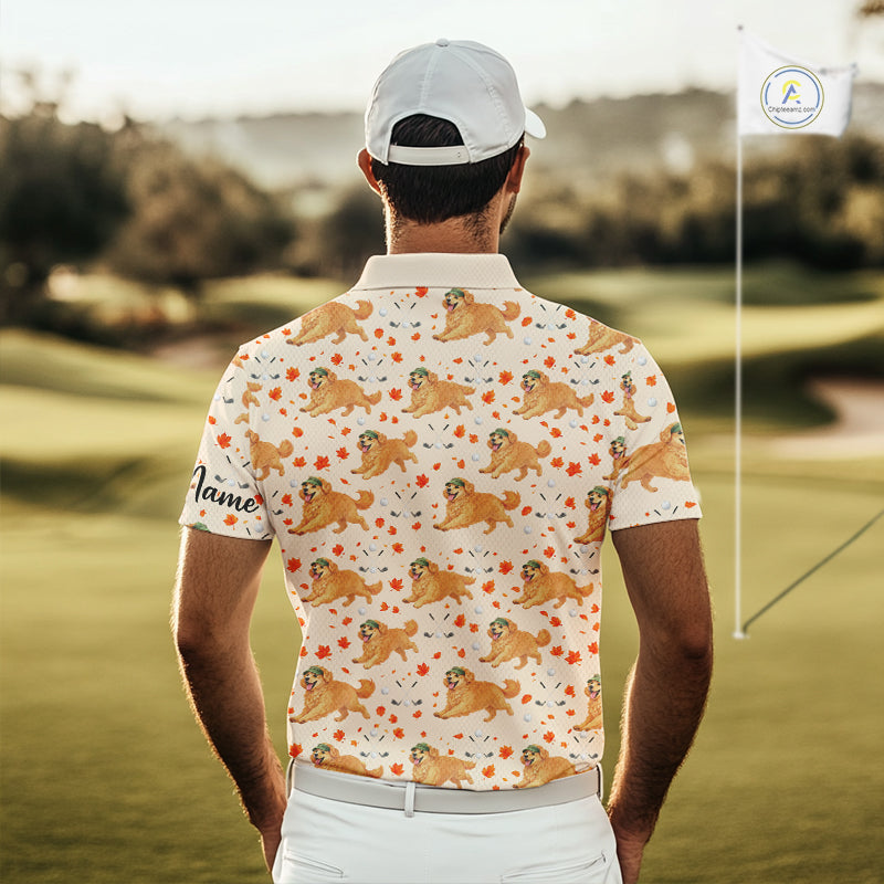 Golden Retriever Mens Golf Polo Shirt Custom Autumn Leaves Pattern Funny Golf Tops, Dog Lover Gift NHN0224