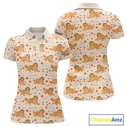 Golden Retriever Womens Golf Polo Shirt Autumn Leaves Pattern Funny Ladies Golf Tops, Dog Lover Gift NHN0224